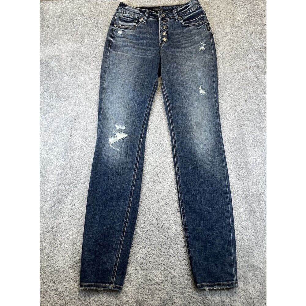 Silver Jeans Women‎ 27x31 Elyse Mid Rise Skinny Blue Jean Distressed Button Fly